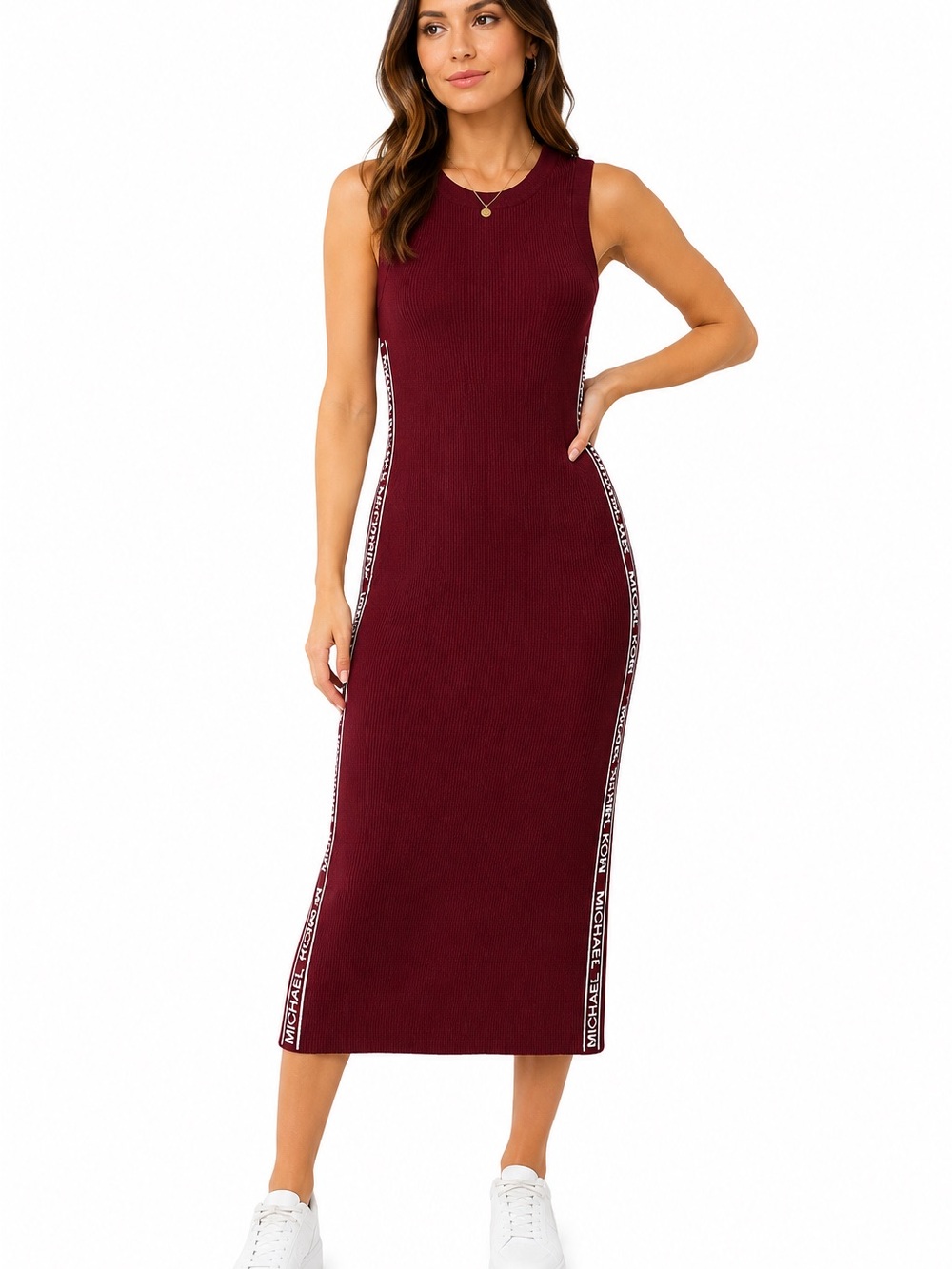 Michael Kors Ribbed Knit Logo Trim Sleeveless Midi Dress Burgundy Size M
